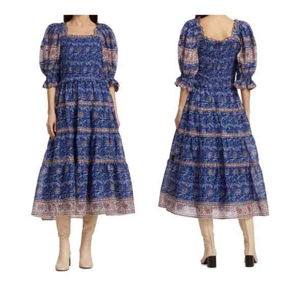 SEA New York Rosita Smocked Square Neck Puff-Sleeve Cotton Print Midi Dress XS - Picture 13 of 13